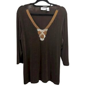 Vtg Chico's Travelers Womens Size 2 (Large) Brown Tunic Top Sequin & Bead Detail